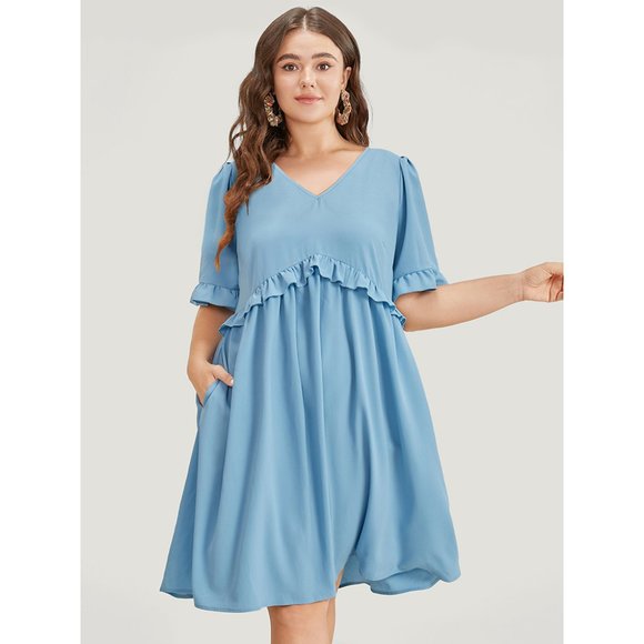 BloomChic Dresses & Skirts - #072 - NWT Bloomchic Cerulean Blue Vneck Ruffle Trim Knee Dress Size 1X 14/16